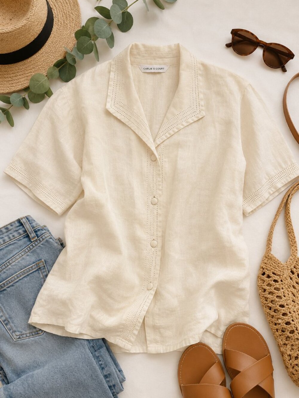 Carlie’s Court Women’s Size 8 100% Linen Button Front Blouse Cream Ivory Short